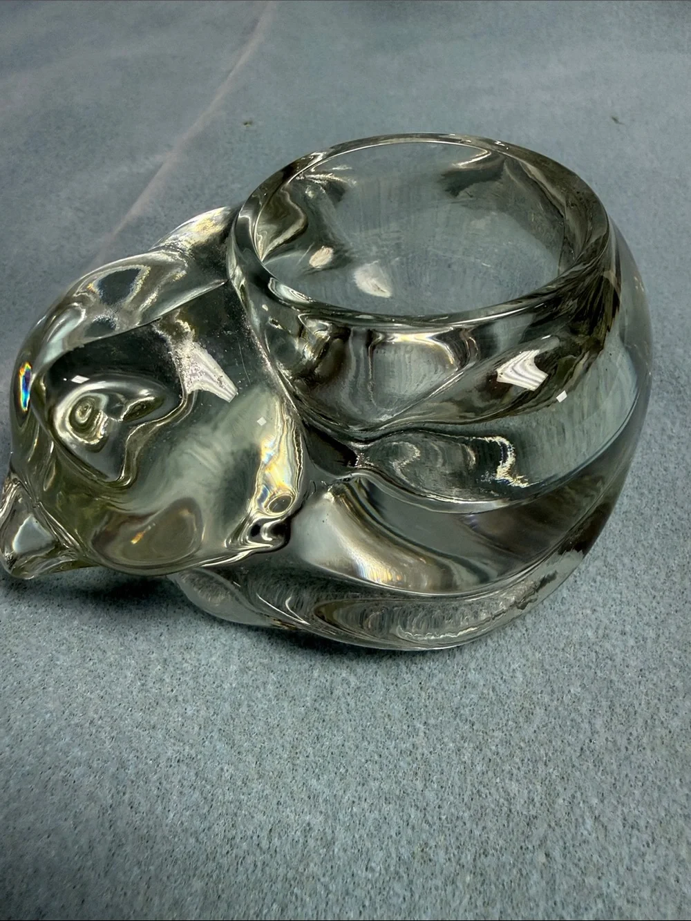 Avon Clear Glass Sleeping Cat Figurine Candle Holder by Avon